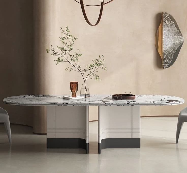 Aster Dining Table — Solid wood, polished stone or veneer top, handcrafted by Bed Bench Lahore