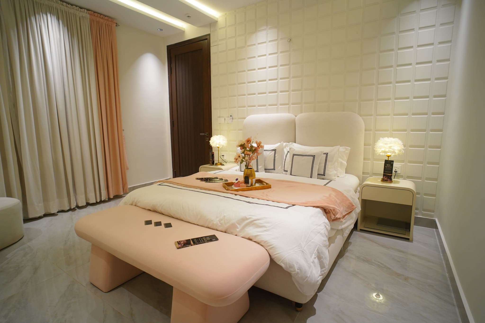Arlo Bed — Upholstered fabric, solid wood frame, handcrafted by Bed Bench Lahore