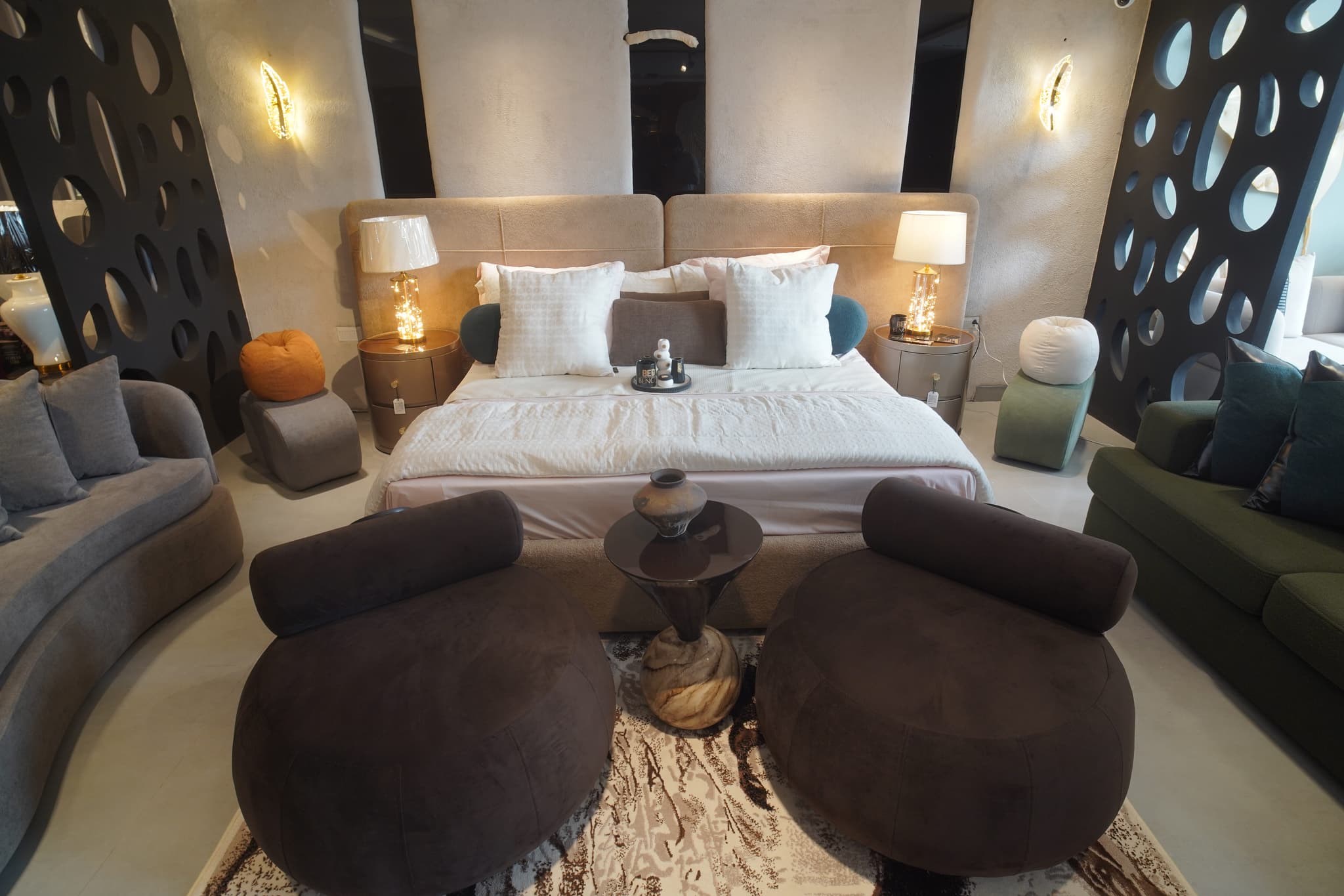 Cove Bed — Upholstered fabric, solid wood frame, handcrafted by Bed Bench Lahore