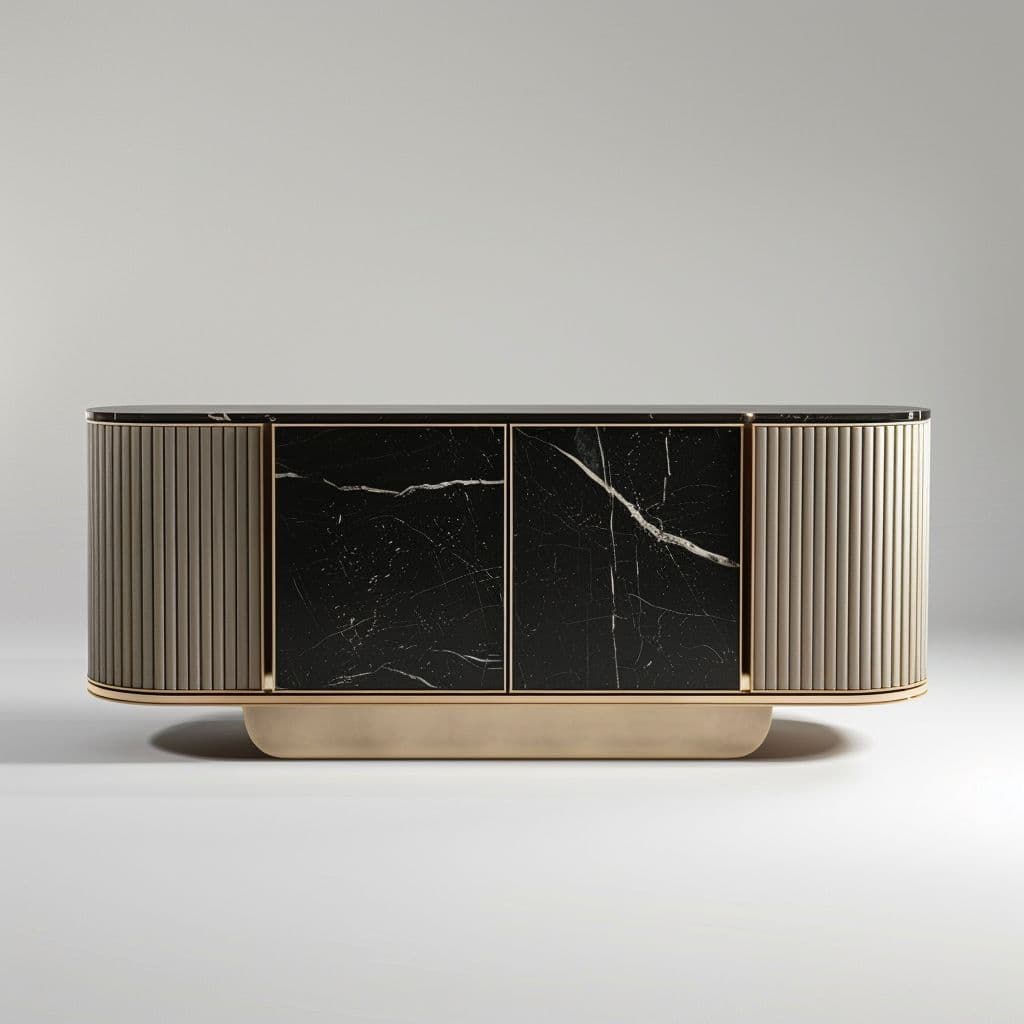 Sable TV Console — Veneered wood, matte metal details, handcrafted by Bed Bench Lahore